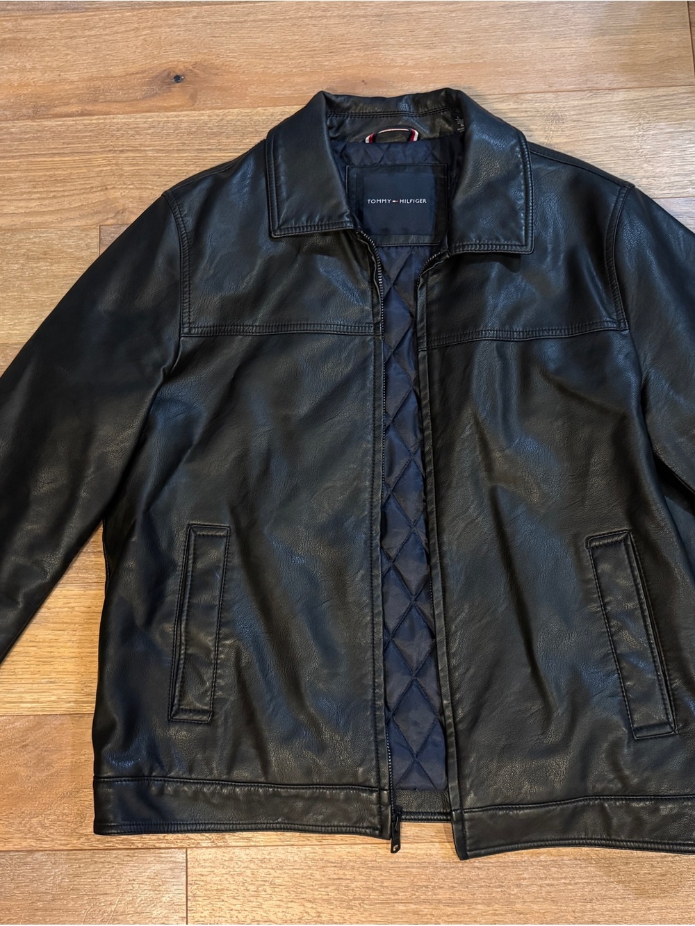 Vintage Tommy Hilfiger Men's Black Faux Leather Quilted Jacket Size L